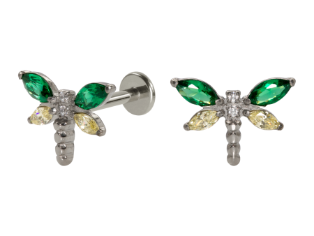 LABRET TITÂNIO R/I LIBÉLULA C/ ZIRCÔNIA – VERDE / AMARELO
