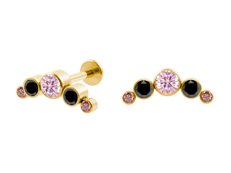 LABRET TITÂNIO PVD GOLD R/I CLUSTER 5 PEDRAS –  PRETO/ ROSA