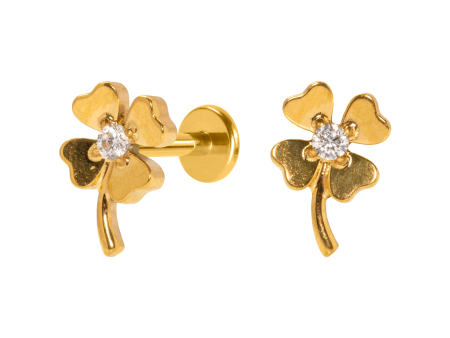 LABRET AÇO PVD GOLD R/I TREVO QUATRO FOLHAS C/ ZIRCÔNIA