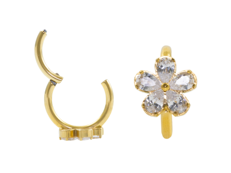 SEGMENTO CLICKER TITÂNIO PVD GOLD FLOR C/ ZIRCÔNIA